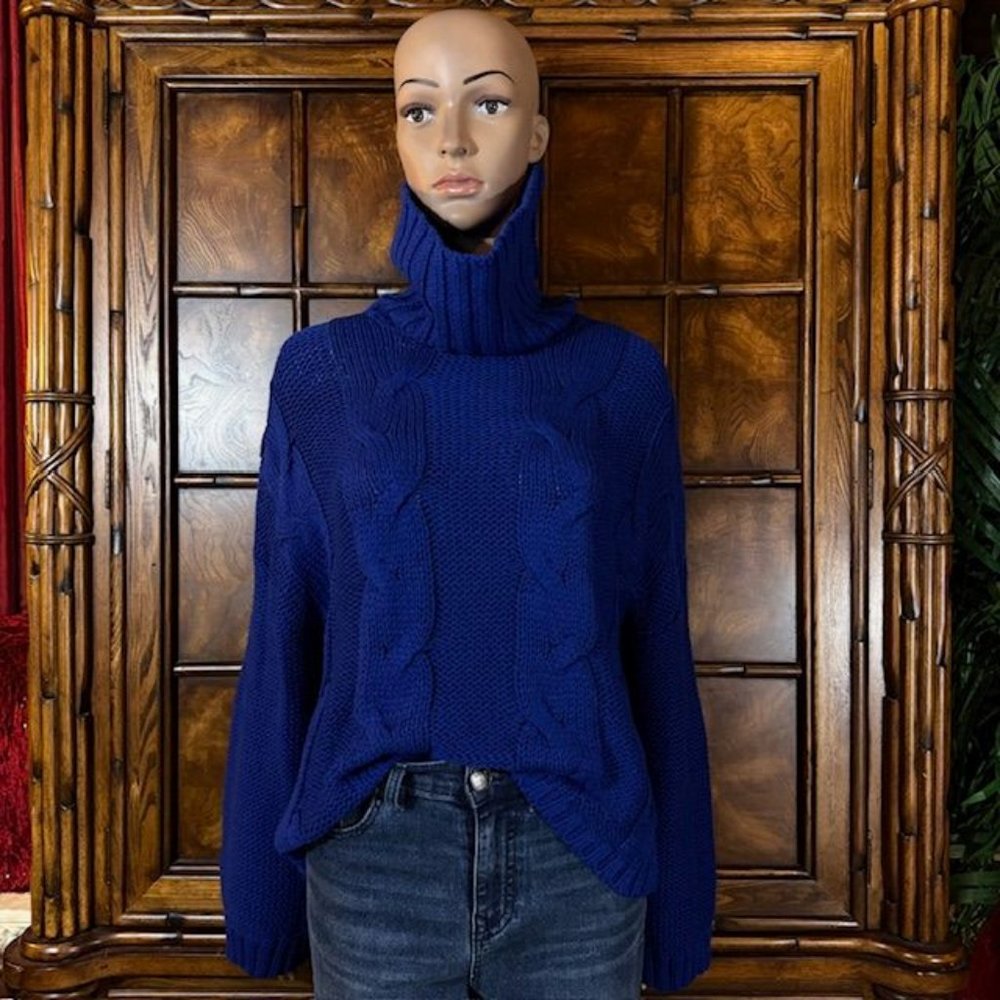 Sapphire Blue Cotton Blend Cable Knit Turtleneck Sweater